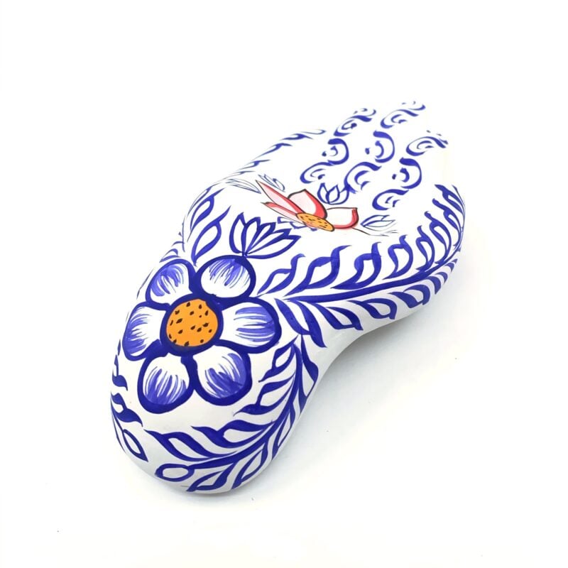Incense Holder Clay Hand Painted Hand WHITE with Blue Leaves