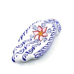 Incense Holder Clay Hand Painted Hand WHITE with Blue Leaves