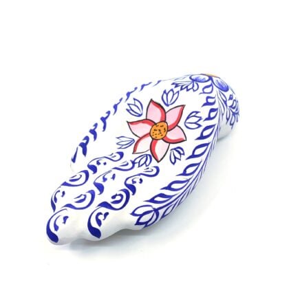 Incense Holder Clay Hand Painted Hand WHITE with Blue Leaves