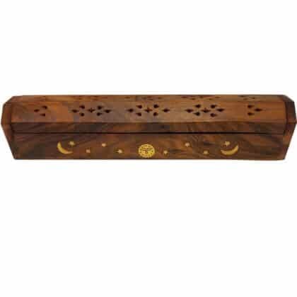 INCENSE HOLDER Wooden HEXAGONAL Lid Box 12 inch Sun & Moon