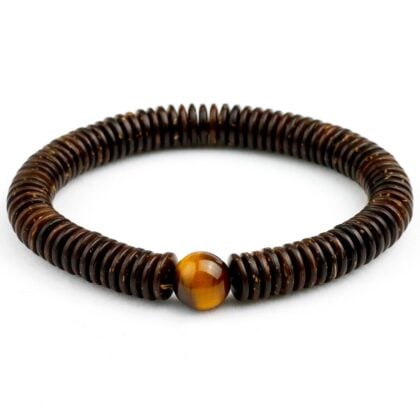 Natural 9mm Coconut Shell With 10mm Tiger's Eye Stone Beads Bracelet