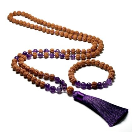 Natural Rudraksha Amethyst Beads 108 Japamala Necklace Knotted