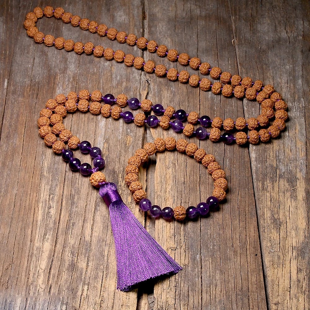 Natural Rudraksha Amethyst Beads 108 Japamala Necklace Knotted
