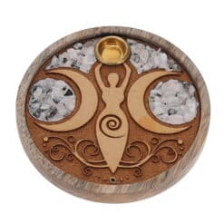 Wood Incense Burner with Inlay - Goddess Rainbow Moonstone